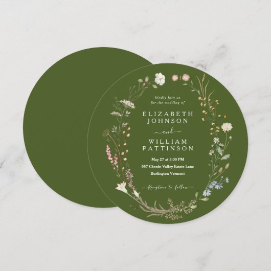 Invitation Mariage de Fleur sauvage vert moss Rustique (Devant / Derrière)