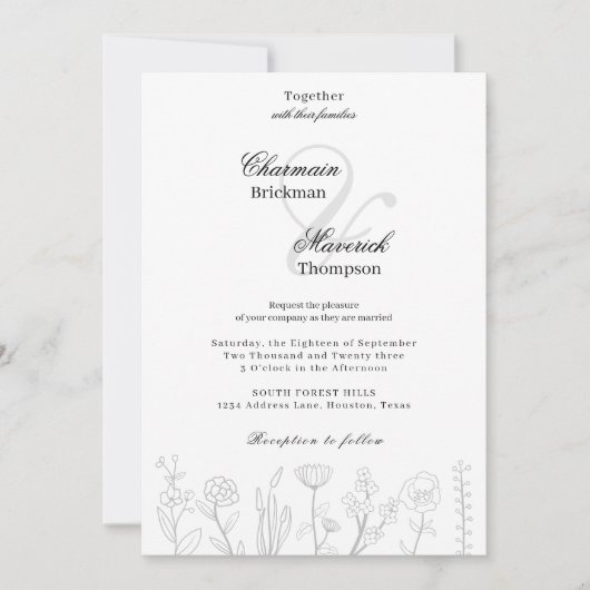 Invitation Mariage de fleurs à main noire et blanche (Devant)