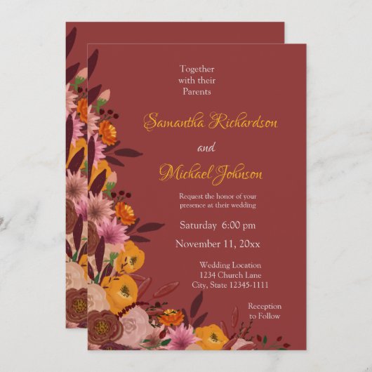 Invitation Mariage de fleurs automne (Devant / Derrière)