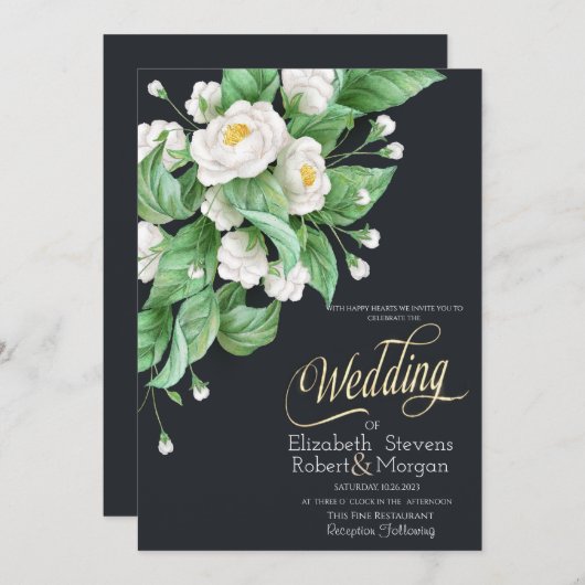 Invitation Mariage de fleurs blanches (Devant / Derrière)