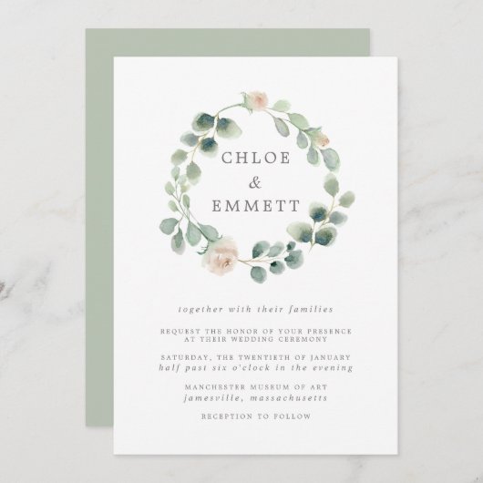 Invitation Mariage de fleurs blanches, couronne botanique ver (Devant / Derrière)