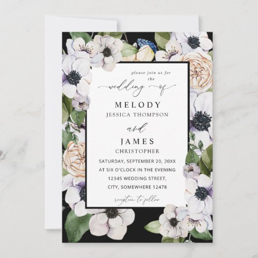 Invitation Mariage de fleurs blanches d'anémone - noir (Devant)