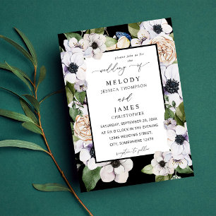 Invitation Mariage de fleurs blanches d'anémone - noir