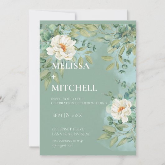 Invitation Mariage de fleurs blanches de l'Eucalyptus Sage Ar (Devant)
