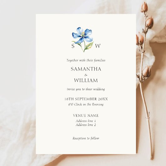 Invitation Mariage de fleurs bleu aquarelle