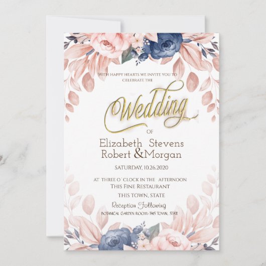 Invitation Mariage de fleurs bleu aquarelle (Devant)
