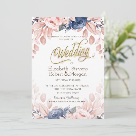 Invitation Mariage de fleurs bleu aquarelle (Debout devant)