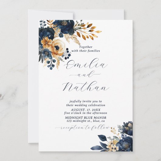 Invitation Mariage de fleurs bleu et or de minuit (Devant)