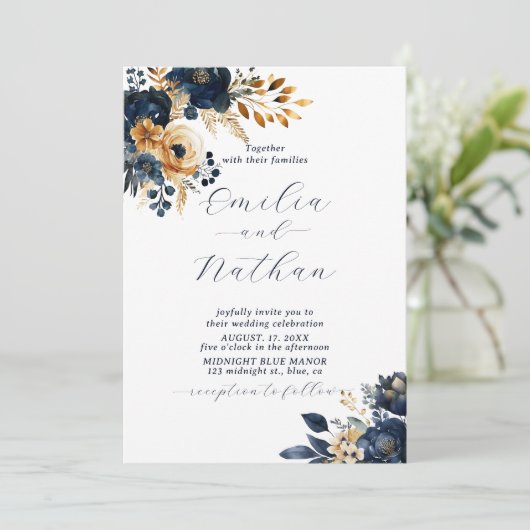 Invitation Mariage de fleurs bleu et or de minuit (Debout devant)