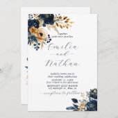 Invitation Mariage de fleurs bleu et or de minuit (Devant / Derrière)