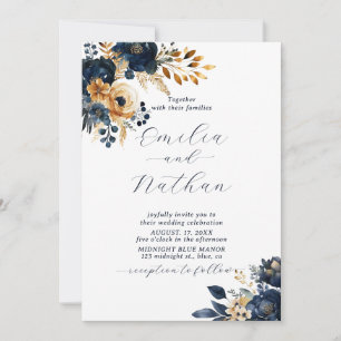 Invitation Mariage de fleurs bleu et or de minuit