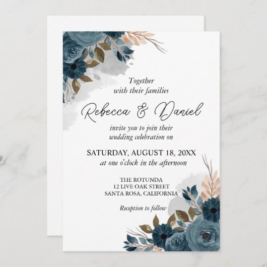 Invitation Mariage de fleurs bleu marine moderne (Devant / Derrière)