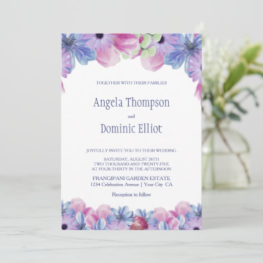 Invitation Mariage de fleurs bleu rose (Debout devant)