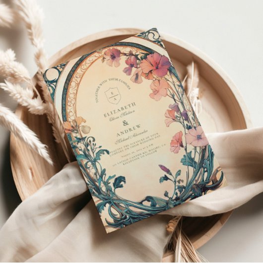 Invitation Mariage de fleurs bleu rouille