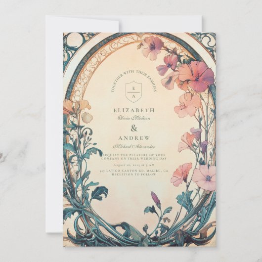 Invitation Mariage de fleurs bleu rouille (Devant)