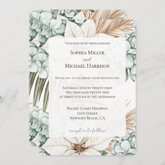 Invitation Mariage de fleurs bleu tropical (Devant / Derrière)