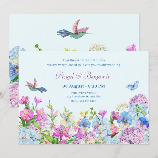 Invitation Mariage de fleurs bleu violet (Devant / Derrière)