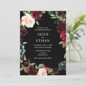 Invitation Mariage De Fleurs Bleues Bourgogne Et Marine (Debout devant)