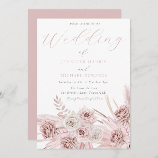 Invitation Mariage de fleurs Boho Blush Boho Dusty Rose (Devant / Derrière)