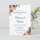 Invitation Mariage de fleurs botaniques bleu marine et orange (Debout devant)