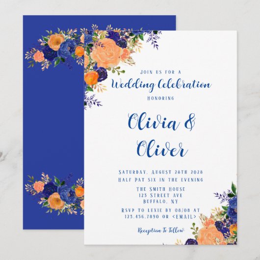 Invitation Mariage de fleurs botaniques bleu marine et orange (Devant / Derrière)