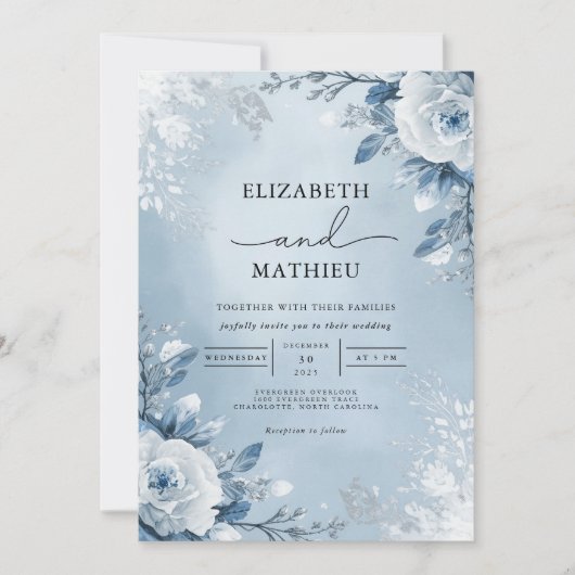 Invitation Mariage de fleurs botaniques bleues Icy (Devant)