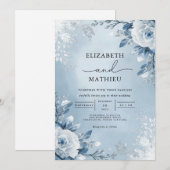 Invitation Mariage de fleurs botaniques bleues Icy (Devant / Derrière)
