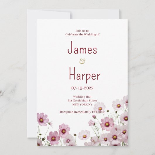 Invitation Mariage de fleurs cosmos rose pâle (Devant)