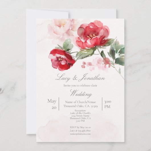 Invitation Mariage de fleurs couleur eau rouge (Devant)