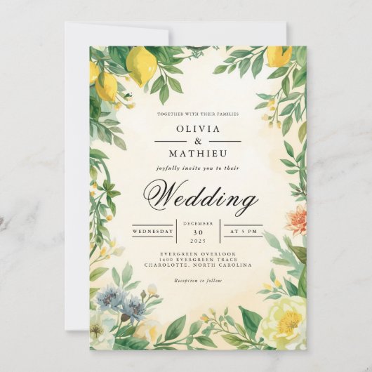 Invitation Mariage de fleurs d'agrumes dorés (Devant)