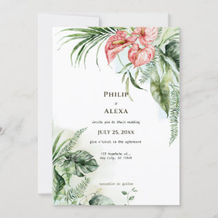 Invitation Mariage de fleurs d'anthurium feuille vert tropica