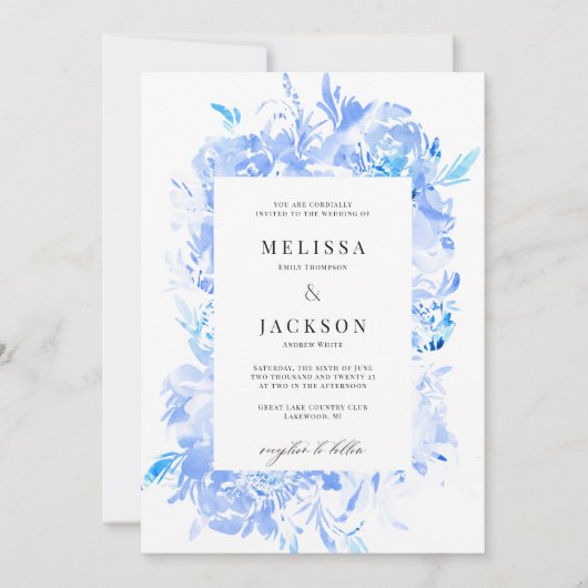 Invitation Mariage de fleurs d'aquarelle bleu (Devant)