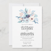 Invitation Mariage de fleurs d'aquarelle bleu et de pêche (Devant)
