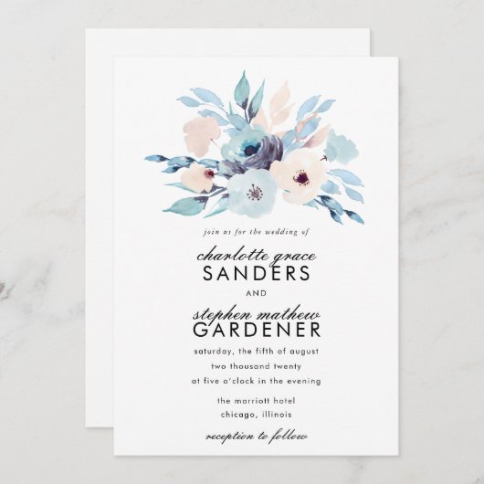 Invitation Mariage de fleurs d'aquarelle bleu et de pêche (Devant / Derrière)