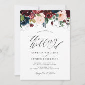 Invitation Mariage de fleurs d'aquarelle bordeaux et marine (Devant)