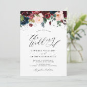 Invitation Mariage de fleurs d'aquarelle bordeaux et marine (Debout devant)