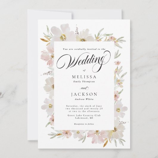Invitation Mariage de fleurs d'aquarelle crème et bleu (Devant)