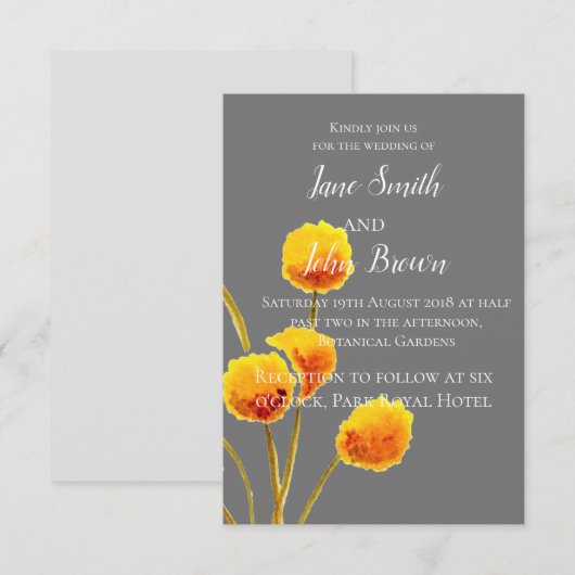 Invitation mariage de fleurs d'aquarelle de Billy Button jaun (Devant / Derrière)