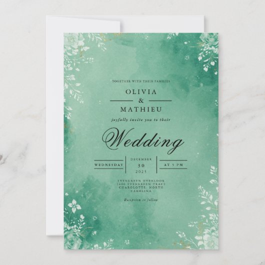 Invitation Mariage de fleurs d'aquarelle Emerald (Devant)