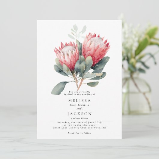 Invitation Mariage de fleurs d'aquarelle en teinte Protea (Debout devant)