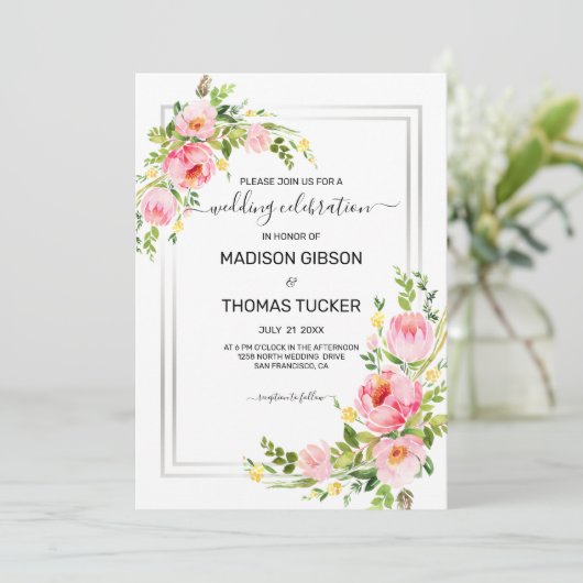 Invitation Mariage de fleurs d'aquarelle rose (Debout devant)