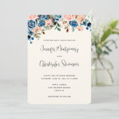 Invitation Mariage de fleurs d'aquarelle rose et bleu (Debout devant)