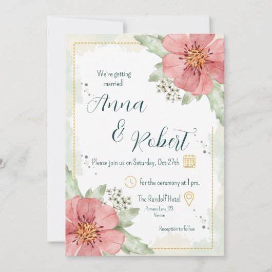 Invitation Mariage de fleurs d'aquarelle rouge (Devant)