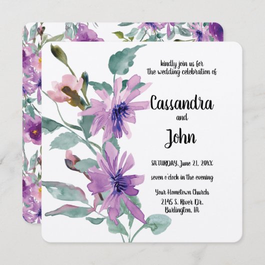 Invitation Mariage de fleurs d'aquarelle violette (Devant / Derrière)