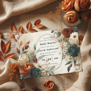 Invitation Mariage de fleurs d'automne orange et bleu brûlés