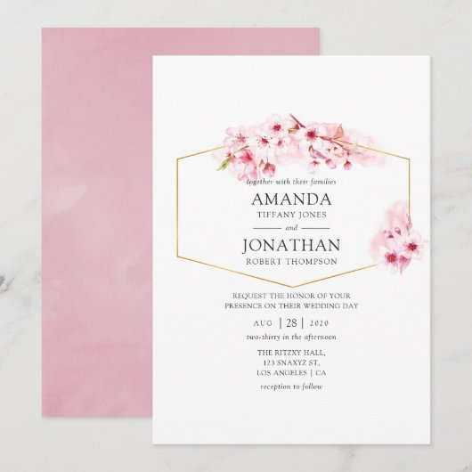 Invitation Mariage de fleurs de cerisier rose géométrique (Devant / Derrière)