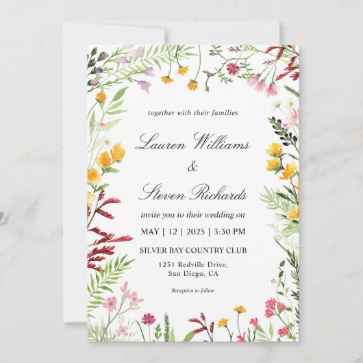 Invitation Mariage de fleurs de champs multicolores blanc per (Devant)