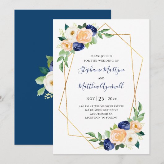 Invitation Mariage de fleurs de corail de la marine géométriq (Devant / Derrière)