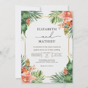 Invitation Mariage de fleurs de corail et de palmiers verdoya