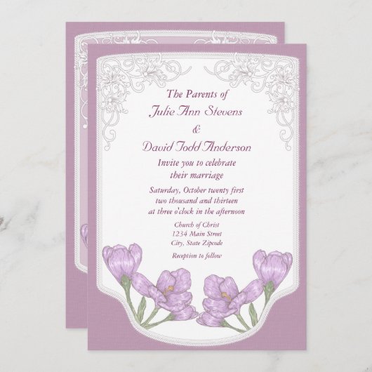 Invitation Mariage de fleurs de crocus pourpre printanière (Devant / Derrière)